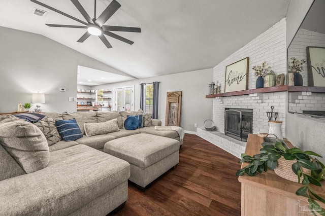 4684 Evelyn St, Pace, FL 32571 - living area with ceiling fan, wood finished floors, a brick fireplace, and vaulted ceiling