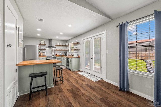 4684 Evelyn St, Pace, FL 32571 - kitchen with wooden counters, stainless steel appliances, open shelves, wall chimney range hood, and a peninsula