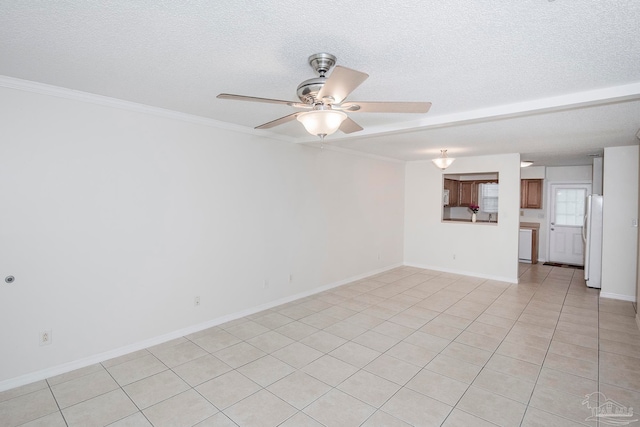 unfurnished living room featuring a textured ceiling, crown molding, light tile patterned floors, and ceiling fan