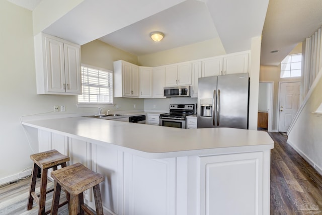 kitchen featuring dark wood-style floors, stainless steel appliances, a sink, and light countertops