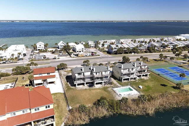 aerial view featuring a water view and a residential view