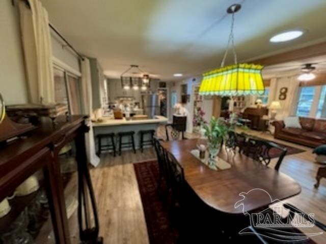 dining space featuring light hardwood / wood-style flooring and ceiling fan