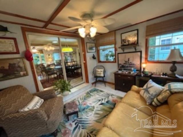 living room with ceiling fan