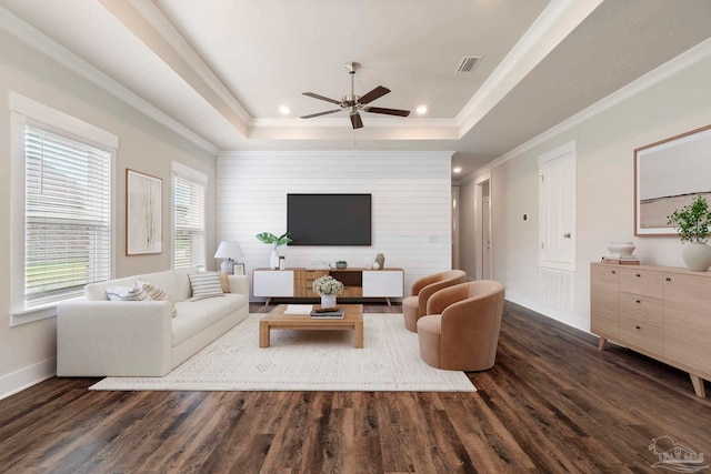2748 Woodman Loop, Cantonment, FL 32533 - living area with a raised ceiling, baseboards, ceiling fan, dark wood finished floors, and recessed lighting