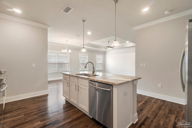2748 Woodman Loop, Cantonment, FL 32533 - kitchen with stainless steel appliances, a sink, crown molding, a chandelier, and dark wood-style flooring