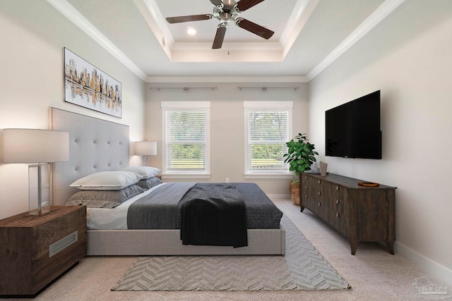 2748 Woodman Loop, Cantonment, FL 32533 - bedroom with light carpet, a raised ceiling, ornamental molding, baseboards, and ceiling fan