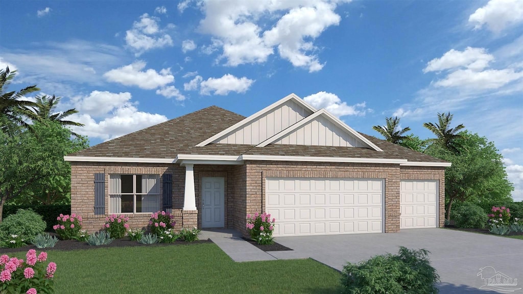 view of front of home with board and batten siding, driveway, brick siding, a front lawn, and an attached garage