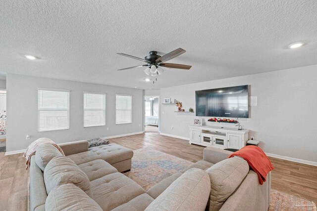 living room with a healthy amount of sunlight, light hardwood / wood-style flooring, and a textured ceiling