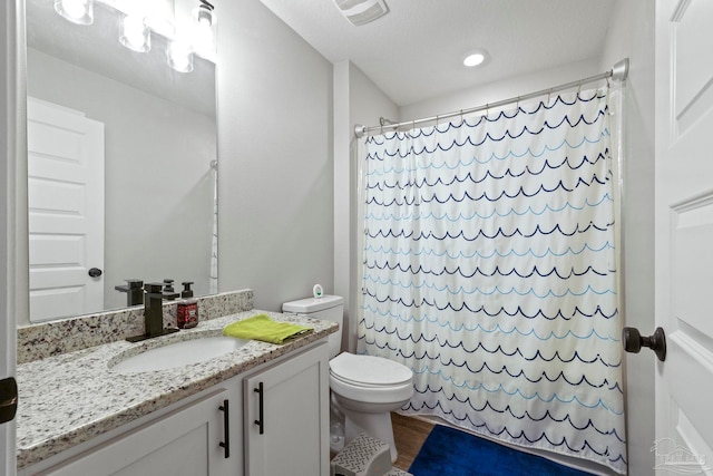 bathroom featuring wood-type flooring, vanity, curtained shower, and toilet