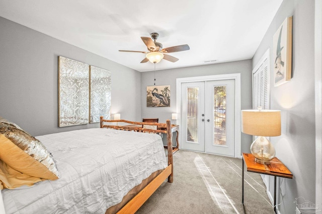 bedroom featuring access to exterior, french doors, ceiling fan, and carpet