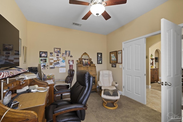 office featuring light colored carpet and ceiling fan