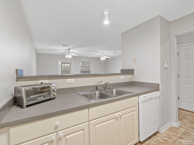 kitchen with light tile patterned floors, a toaster, white dishwasher, ceiling fan, and a sink