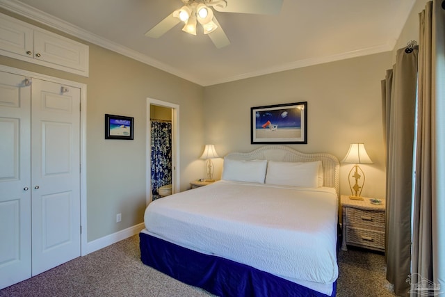 bedroom featuring crown molding, dark carpet, a closet, and ceiling fan