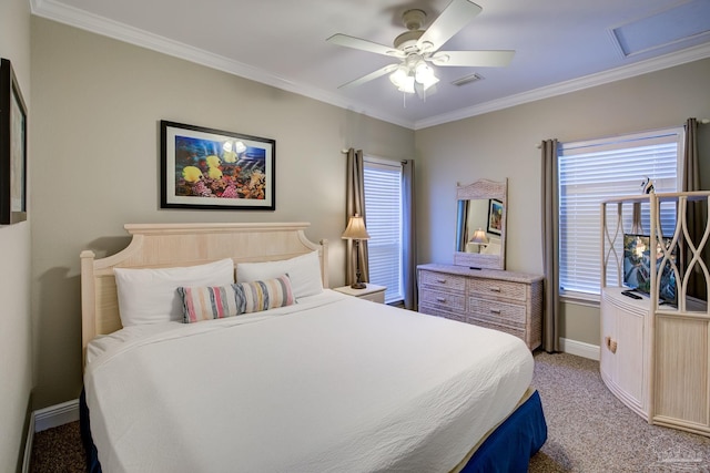 bedroom featuring multiple windows, ornamental molding, and light carpet