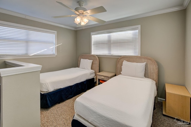 carpeted bedroom with ceiling fan, ornamental molding, and multiple windows