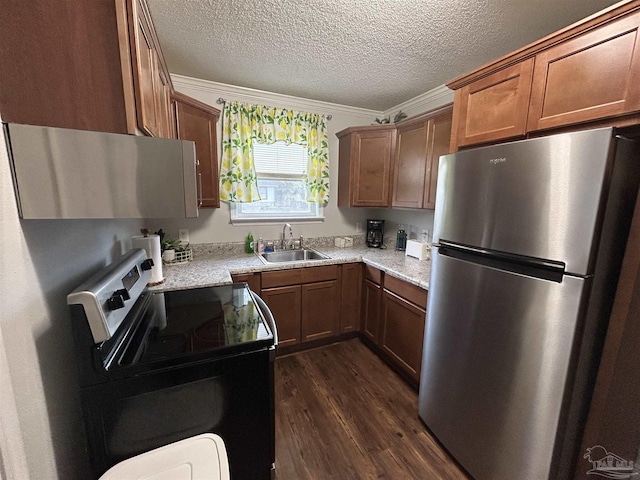 kitchen with sink, ventilation hood, appliances with stainless steel finishes, dark hardwood / wood-style floors, and light stone countertops