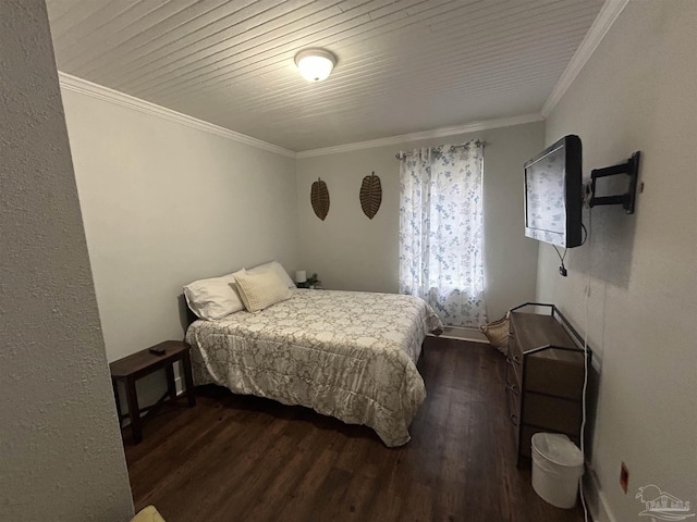 bedroom with dark hardwood / wood-style flooring, crown molding, and wooden ceiling