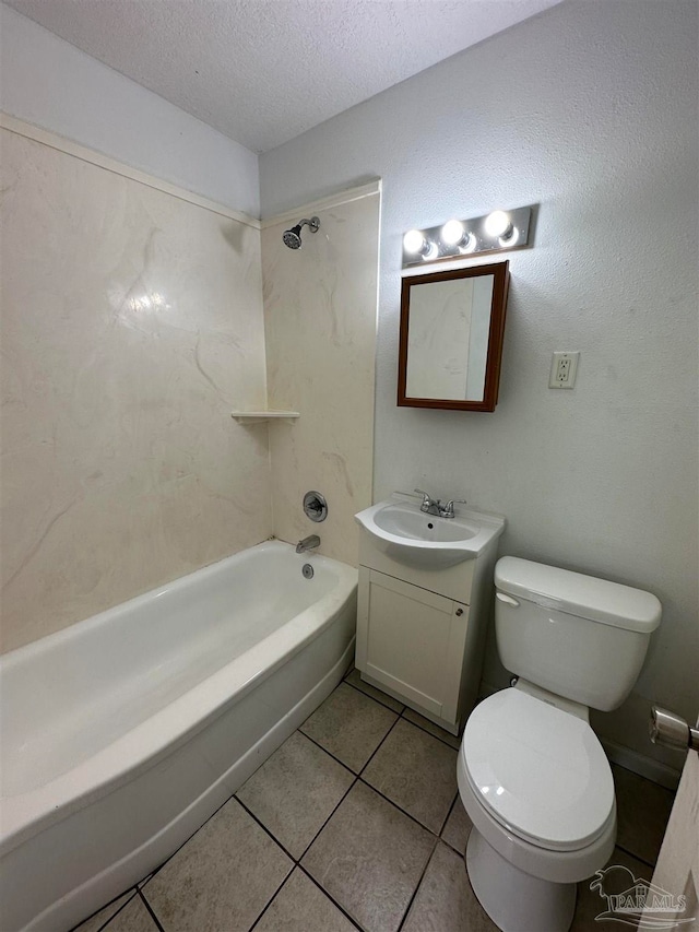 full bathroom with tile patterned floors, bathtub / shower combination, a textured ceiling, vanity, and toilet