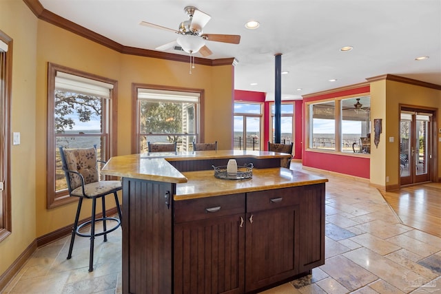 kitchen with crown molding, a healthy amount of sunlight, a center island, and a breakfast bar