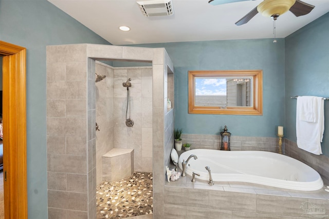 bathroom featuring independent shower and bath and ceiling fan