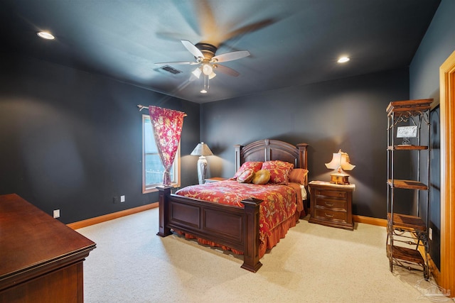 carpeted bedroom with ceiling fan