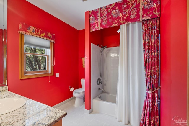 full bathroom featuring toilet, shower / bath combo, vanity, and tile patterned floors