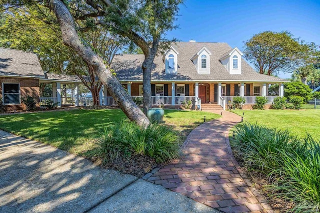 new england style home with covered porch and a front yard