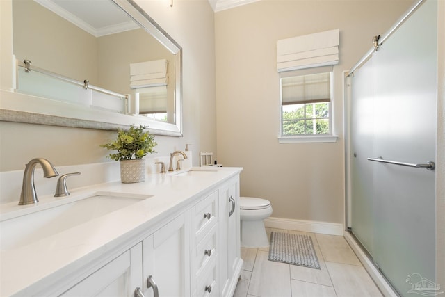 4282 Walden Way, Gulf Breeze, FL 32563 - full bathroom with crown molding, a stall shower, toilet, double vanity, and tile patterned flooring