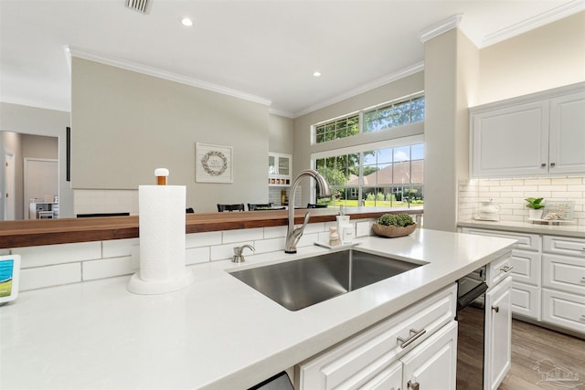 4282 Walden Way, Gulf Breeze, FL 32563 - kitchen featuring a sink, crown molding, decorative backsplash, light countertops, and light wood finished floors