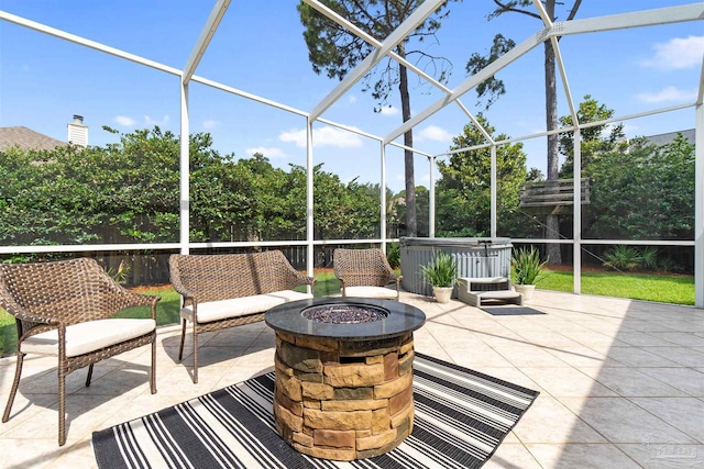 4282 Walden Way, Gulf Breeze, FL 32563 - fenced backyard featuring an outdoor fire pit, a patio, a lanai, and a hot tub