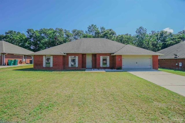 single story home featuring a garage and a front lawn