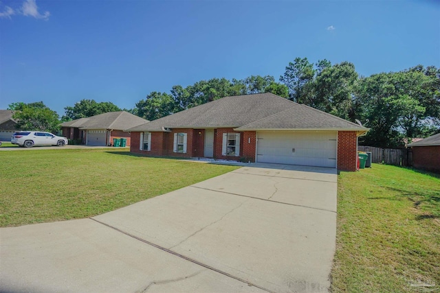 ranch-style house with a front yard and a garage