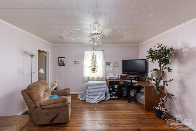 office with hardwood / wood-style flooring, crown molding, and ceiling fan