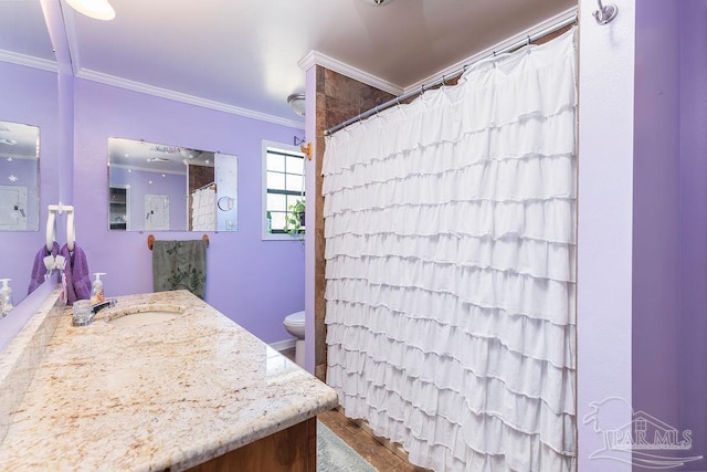 bathroom featuring crown molding, toilet, and vanity