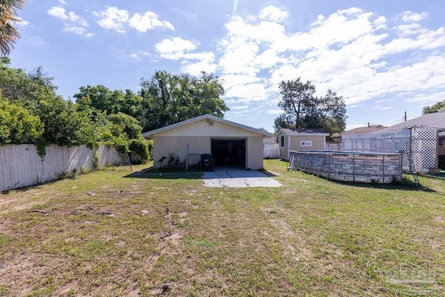 view of yard with an outbuilding, a patio area, and a fenced in pool