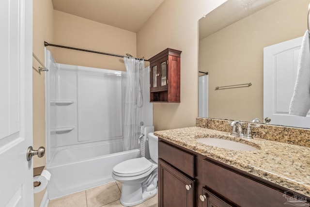 full bathroom with vanity, shower / bathtub combination with curtain, tile patterned floors, and toilet