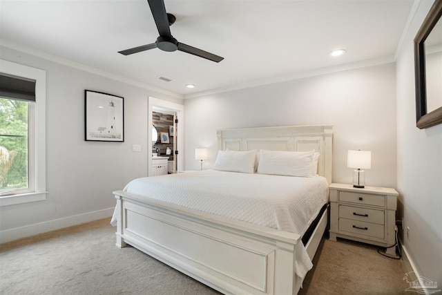 2550 N 11th Ave, Pensacola, FL 32503 - bedroom with crown molding, light colored carpet, baseboards, ceiling fan, and recessed lighting