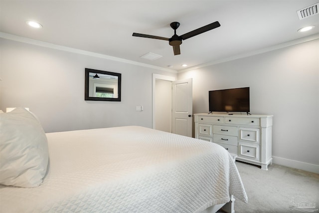 2550 N 11th Ave, Pensacola, FL 32503 - bedroom with light carpet, ornamental molding, recessed lighting, a ceiling fan, and baseboards