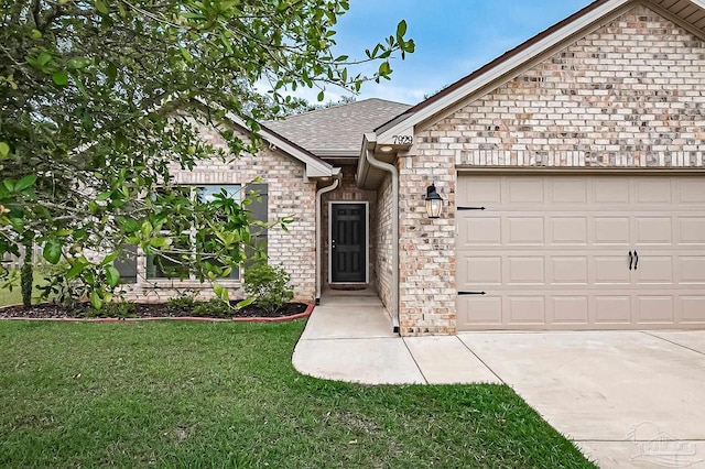 7929 Huntington Creek Ln, Pensacola, FL 32526 - view of front of house with a front yard, an attached garage, a shingled roof, and stone siding