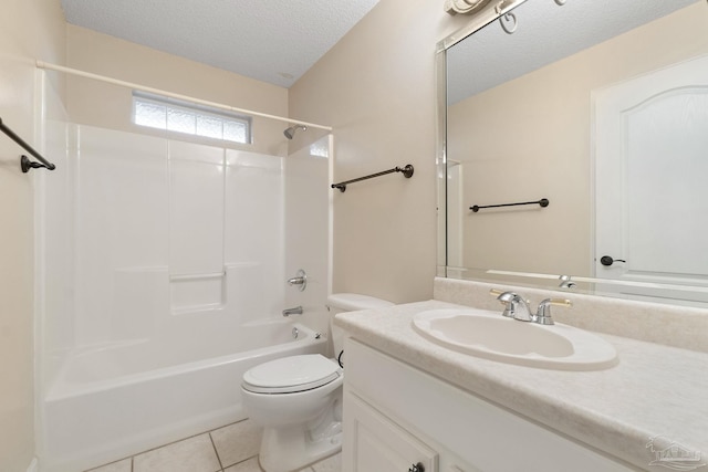 full bathroom featuring washtub / shower combination, toilet, a textured ceiling, vanity, and tile patterned flooring