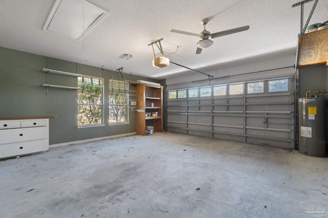 garage with a garage door opener and electric water heater