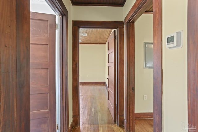 hallway with hardwood / wood-style flooring and wooden ceiling