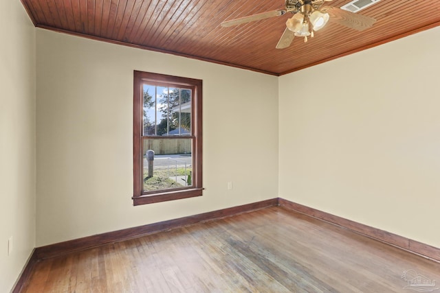 empty room with ceiling fan, hardwood / wood-style floors, wood ceiling, and ornamental molding