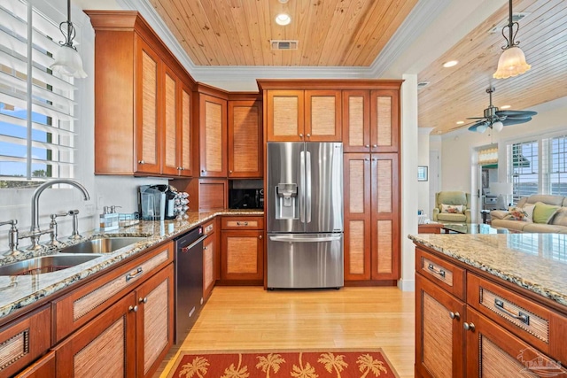 kitchen with light stone counters, stainless steel appliances, sink, wooden ceiling, and hanging light fixtures