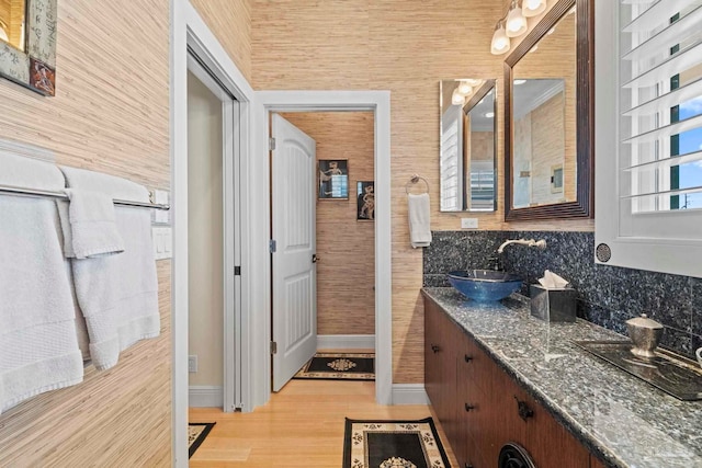 bathroom with tasteful backsplash, vanity, and hardwood / wood-style flooring