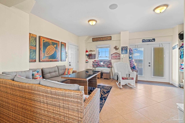 living room featuring light tile patterned floors