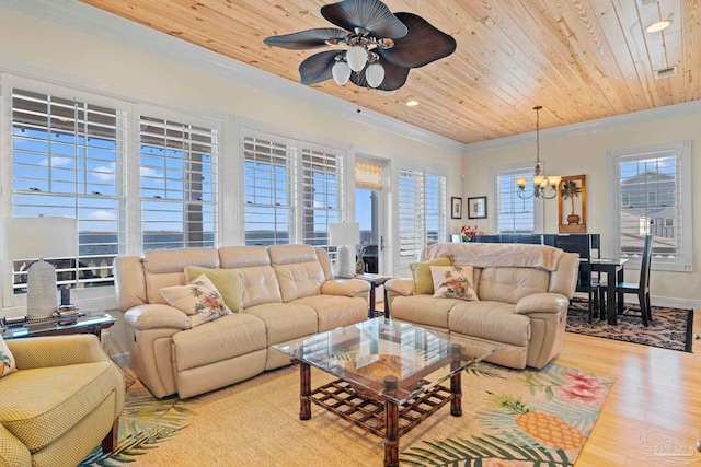 living room with ornamental molding, wood ceiling, ceiling fan with notable chandelier, and light wood-type flooring