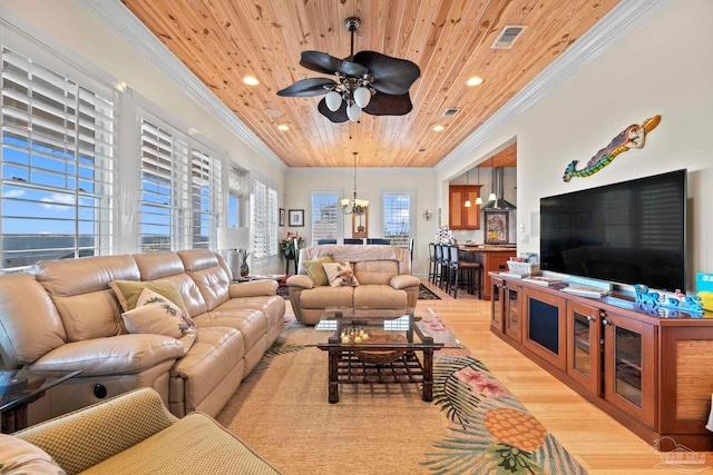 living room with ornamental molding, ceiling fan with notable chandelier, light hardwood / wood-style floors, and wooden ceiling