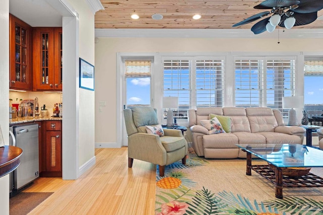 living room featuring ceiling fan, light hardwood / wood-style floors, wooden ceiling, and crown molding