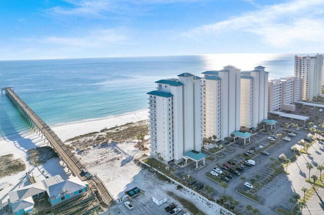 drone / aerial view with a water view and a beach view